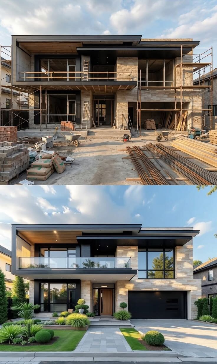 Maison avant et après construction — transformation complète par ORT Bâtiment